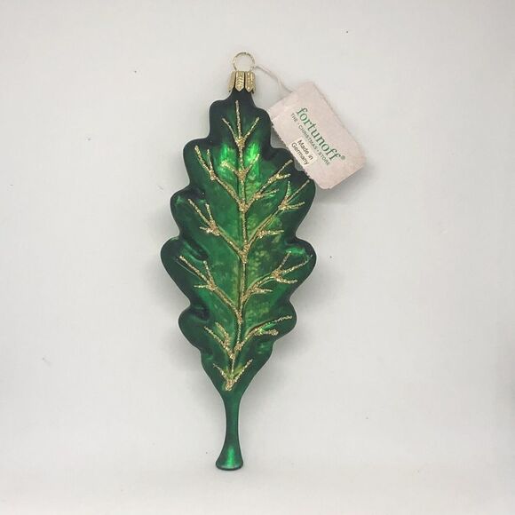 Large 6” Green Oak Leaf Glass Blown With Gold Glitter Holiday Ornament Germany - Picture 1 of 6
